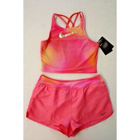 Nike NESSA731-602 Girl's Sz XL Pink Cropped Tankini Top and Swim Shorts Set - Picture 1 of 11